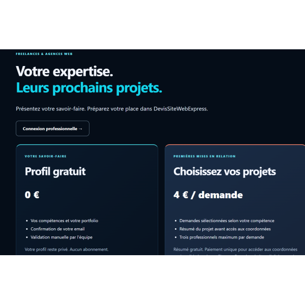DevisSiteWebExpress.fr — Plateforme de devis web avec simulateur et espace freelances, prête à reprendre