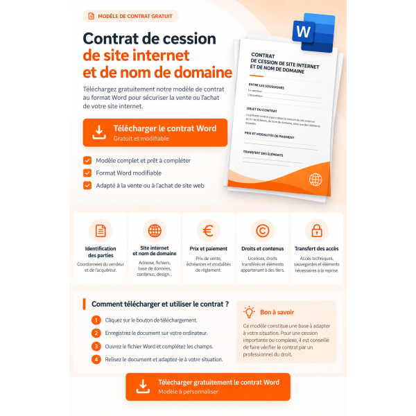 Contrat de cession de site internet et de nom de domaine gratuit : modèle PDF